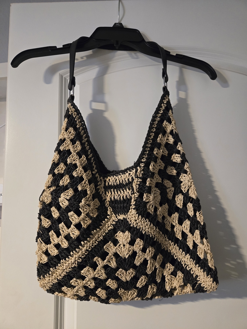Crochet Woven Hobo/Beach Bag in Black and Cream